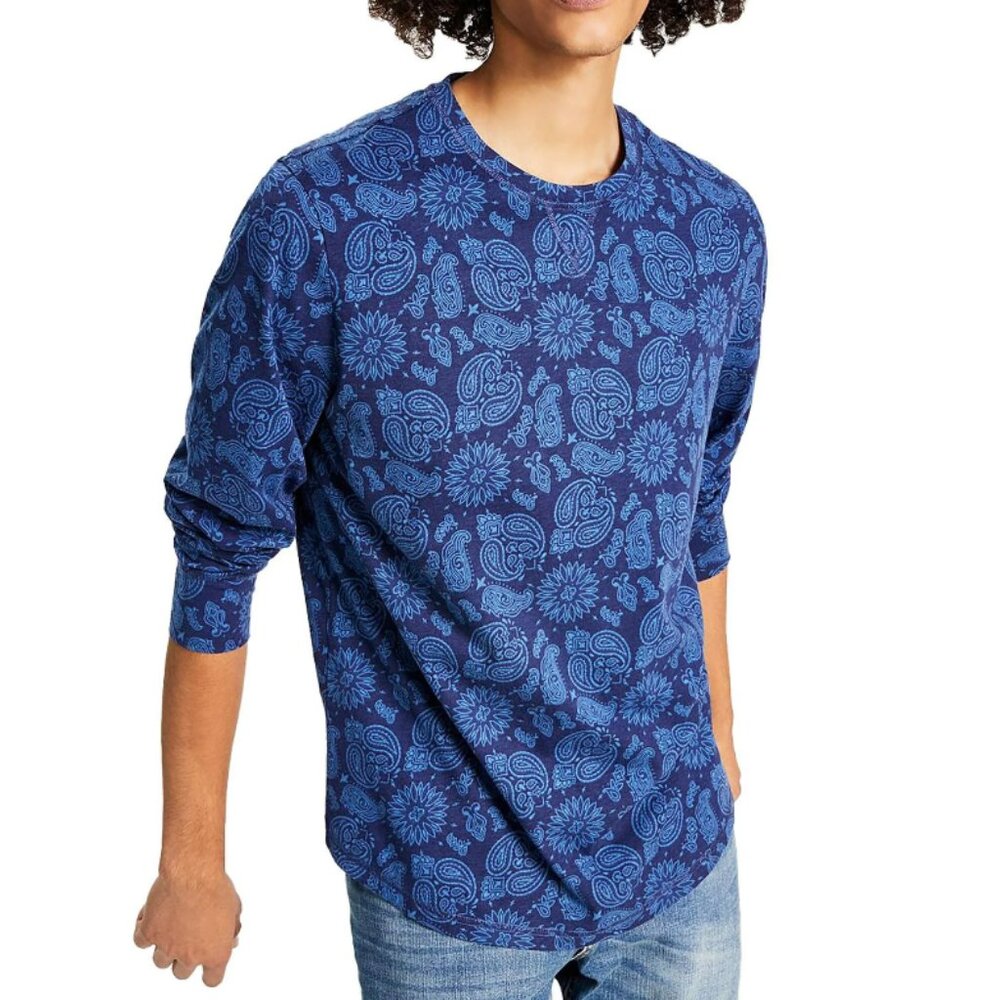 NEW Mens Sun + Stone Printed Shirt Blue Round Neck Long Sleeve Medium Cotton Ble